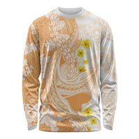 Orange Hawaii Shark Tattoo Long Sleeve Shirt Puakenikeni Lei Plumeria Polynesian Pattern