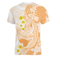 Orange Hawaii Shark Tattoo Women V-Neck T-Shirt Puakenikeni Lei Plumeria Polynesian Pattern LT14 - Polynesian Pride