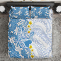 Blue Hawaii Shark Tattoo Bedding Set Puakenikeni Lei Plumeria Polynesian Pattern