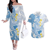 Blue Hawaii Shark Tattoo Couples Matching Off The Shoulder Long Sleeve Dress and Hawaiian Shirt Puakenikeni Lei Plumeria Polynesian Pattern LT14 Blue - Polynesian Pride
