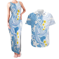 Blue Hawaii Shark Tattoo Couples Matching Tank Maxi Dress and Hawaiian Shirt Puakenikeni Lei Plumeria Polynesian Pattern LT14 Blue - Polynesian Pride