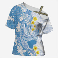 Blue Hawaii Shark Tattoo Cross Shoulder Shirt Puakenikeni Lei Plumeria Polynesian Pattern