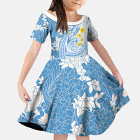 Blue Hawaii Shark Tattoo Family Matching Long Sleeve Bodycon Dress and Hawaiian Shirt Puakenikeni Lei Plumeria Polynesian Pattern LT14 Daughter's Dress Blue - Polynesian Pride