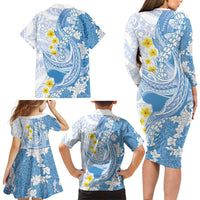 Blue Hawaii Shark Tattoo Family Matching Long Sleeve Bodycon Dress and Hawaiian Shirt Puakenikeni Lei Plumeria Polynesian Pattern LT14 - Polynesian Pride