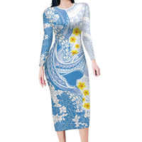 Blue Hawaii Shark Tattoo Long Sleeve Bodycon Dress Puakenikeni Lei Plumeria Polynesian Pattern