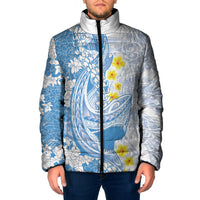 Blue Hawaii Shark Tattoo Padded Jacket Puakenikeni Lei Plumeria Polynesian Pattern