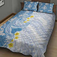 Blue Hawaii Shark Tattoo Quilt Bed Set Puakenikeni Lei Plumeria Polynesian Pattern