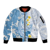 Blue Hawaii Shark Tattoo Sleeve Zip Bomber Jacket Puakenikeni Lei Plumeria Polynesian Pattern