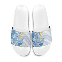 Blue Hawaii Shark Tattoo Slide Sandals Puakenikeni Lei Plumeria Polynesian Pattern