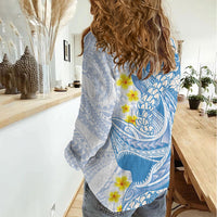 Blue Hawaii Shark Tattoo Women Casual Shirt Puakenikeni Lei Plumeria Polynesian Pattern LT14 - Polynesian Pride