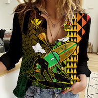 Personalised Paddle Board Hawaii Women Casual Shirt Molokai 2 Oahu World Championships Kakau Pattern LT14 Female Black - Polynesian Pride