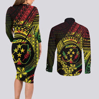 Reggae Kosrae Liberation Day Couples Matching Long Sleeve Bodycon Dress and Long Sleeve Button Shirt September 8 Polynesian Tattoo LT14 - Polynesian Pride