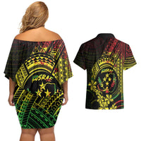 Reggae Kosrae Liberation Day Couples Matching Off Shoulder Short Dress and Hawaiian Shirt September 8 Polynesian Tattoo LT14 - Polynesian Pride