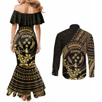 Gold Kosrae Liberation Day Couples Matching Mermaid Dress and Long Sleeve Button Shirt September 8 Polynesian Tattoo LT14 - Polynesian Pride