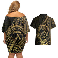 Gold Kosrae Liberation Day Couples Matching Off Shoulder Short Dress and Hawaiian Shirt September 8 Polynesian Tattoo LT14 - Polynesian Pride