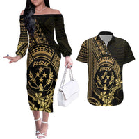 Gold Kosrae Liberation Day Couples Matching Off The Shoulder Long Sleeve Dress and Hawaiian Shirt September 8 Polynesian Tattoo LT14 Gold - Polynesian Pride