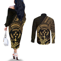 Gold Kosrae Liberation Day Couples Matching Off The Shoulder Long Sleeve Dress and Long Sleeve Button Shirt September 8 Polynesian Tattoo LT14 - Polynesian Pride