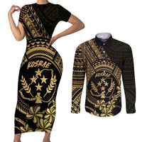 Gold Kosrae Liberation Day Couples Matching Short Sleeve Bodycon Dress and Long Sleeve Button Shirt September 8 Polynesian Tattoo LT14 Gold - Polynesian Pride
