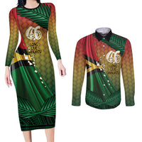 Personalised Long Live Vanuatu Independence Day Couples Matching Long Sleeve Bodycon Dress and Long Sleeve Button Shirt 45th Anniversary Woven Pattern - Polynesian Pride