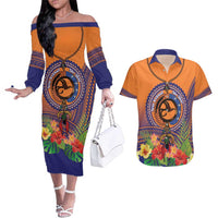 PNG New Ireland Province Couples Matching Off The Shoulder Long Sleeve Dress and Hawaiian Shirt Niu Ailan Necklace Polynesian Tattoo LT14 Orange - Polynesian Pride