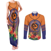 PNG New Ireland Province Couples Matching Tank Maxi Dress and Long Sleeve Button Shirt Niu Ailan Necklace Polynesian Tattoo LT14 Orange - Polynesian Pride