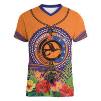 PNG New Ireland Province Women V-Neck T-Shirt Niu Ailan Necklace Polynesian Tattoo LT14 Female Orange - Polynesian Pride