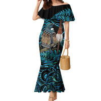 New Zealand Tui Bird Taiaha Family Matching Mermaid Dress and Hawaiian Shirt Maori Weapon Paua Shell Mix Silver Fern LT14 Mom's Dress Turquoise - Polynesian Pride