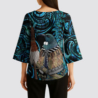 New Zealand Tui Bird Taiaha Kimono Sleeve Blouse Maori Weapon Paua Shell Mix Silver Fern