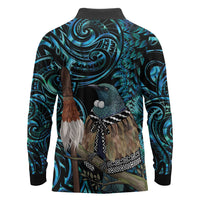 New Zealand Tui Bird Taiaha Long Sleeve Polo Shirt Maori Weapon Paua Shell Mix Silver Fern