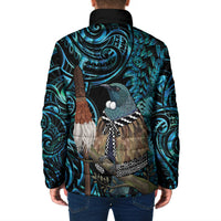 New Zealand Tui Bird Taiaha Padded Jacket Maori Weapon Paua Shell Mix Silver Fern