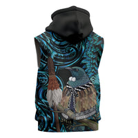New Zealand Tui Bird Taiaha Sleeveless Zip Hoodie Maori Weapon Paua Shell Mix Silver Fern