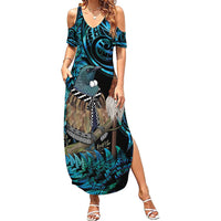 New Zealand Tui Bird Taiaha Summer Maxi Dress Maori Weapon Paua Shell Mix Silver Fern