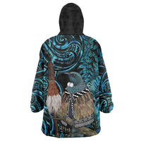 New Zealand Tui Bird Taiaha Wearable Blanket Hoodie Maori Weapon Paua Shell Mix Silver Fern