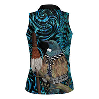 New Zealand Tui Bird Taiaha Women Sleeveless Polo Shirt Maori Weapon Paua Shell Mix Silver Fern