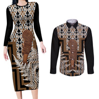 Wahaika New Zealand Couples Matching Long Sleeve Bodycon Dress and Long Sleeve Button Shirt Maori Weapon Kowhaiwhai Fern Poutama Motifs