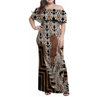 Wahaika New Zealand Family Matching Off Shoulder Maxi Dress and Hawaiian Shirt Maori Weapon Kowhaiwhai Fern Poutama Motifs