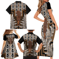 Wahaika New Zealand Family Matching Short Sleeve Bodycon Dress and Hawaiian Shirt Maori Weapon Kowhaiwhai Fern Poutama Motifs