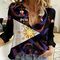 Custom Philippines Football Women Casual Shirt 2023 World Cup Go Filipinas Feather Black Version LT14 Female Black - Polynesian Pride