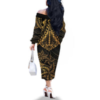 Black and Gold Polynesia Family Matching Off The Shoulder Long Sleeve Dress and Hawaiian Shirt Plumeria Tattoo With Polynesian Pattern LT14 - Polynesian Pride