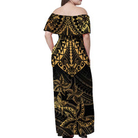 Black and Gold Polynesia Family Matching Off Shoulder Maxi Dress and Hawaiian Shirt Plumeria Tattoo With Polynesian Pattern LT14 - Polynesian Pride