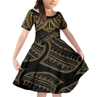 Black and Gold Polynesia Family Matching Off Shoulder Short Dress and Hawaiian Shirt Plumeria Tattoo With Polynesian Pattern LT14 Daughter's Dress Black - Polynesian Pride