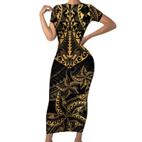 Black and Gold Polynesia Family Matching Short Sleeve Bodycon Dress and Hawaiian Shirt Plumeria Tattoo With Polynesian Pattern LT14 Mom's Dress Black - Polynesian Pride