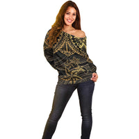 Black and Gold Polynesia Off Shoulder Sweater Plumeria Tattoo With Polynesian Pattern