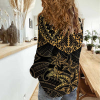 Black and Gold Polynesia Women Casual Shirt Plumeria Tattoo With Polynesian Pattern