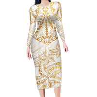 White and Gold Polynesia Family Matching Long Sleeve Bodycon Dress and Hawaiian Shirt Plumeria Tattoo With Polynesian Pattern LT14 Mom's Dress White - Polynesian Pride