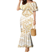 White and Gold Polynesia Family Matching Mermaid Dress and Hawaiian Shirt Plumeria Tattoo With Polynesian Pattern
