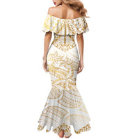 White and Gold Polynesia Family Matching Mermaid Dress and Hawaiian Shirt Plumeria Tattoo With Polynesian Pattern