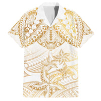 White and Gold Polynesia Family Matching Off Shoulder Maxi Dress and Hawaiian Shirt Plumeria Tattoo With Polynesian Pattern LT14 Dad's Shirt - Short Sleeve White - Polynesian Pride