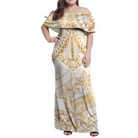 White and Gold Polynesia Family Matching Off Shoulder Maxi Dress and Hawaiian Shirt Plumeria Tattoo With Polynesian Pattern LT14 Mom's Dress White - Polynesian Pride