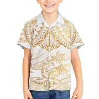 White and Gold Polynesia Family Matching Off Shoulder Maxi Dress and Hawaiian Shirt Plumeria Tattoo With Polynesian Pattern LT14 Son's Shirt White - Polynesian Pride